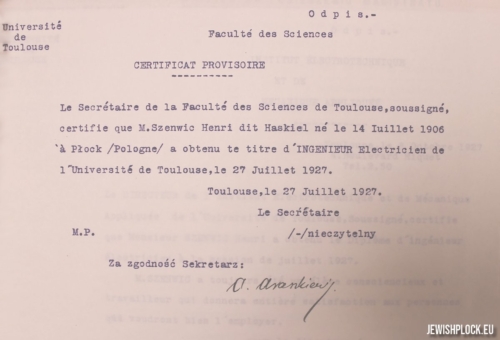 Certificate that Chaskiel Henryk Szenwic obtained the title of Electrical Engineer at the University of Toulouse